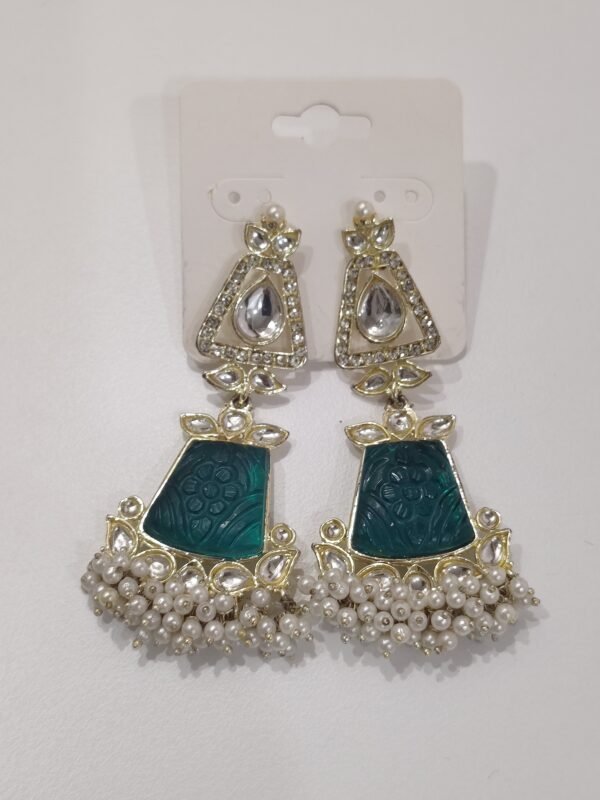 Dark Green Studded Floral Earing - Image 3