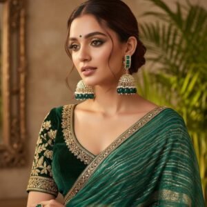 Gold-Plated Jhumka Earrings with Green Stones & Pearls
