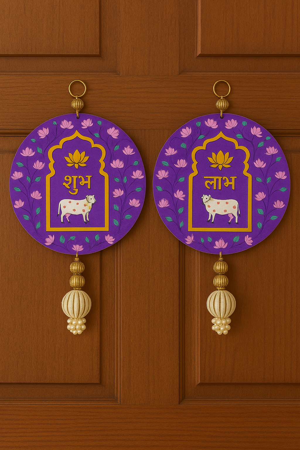 Shubh Labh With Lotus and Cow In Pink Color Round Shape For Diwali Decore With Big Round Golden Bolls |( Pink One Pair balls ,MDF)