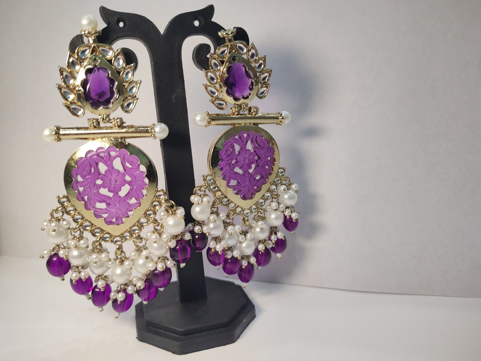 Royal Purple & Pearl Drop Statement Earrings - Image 3