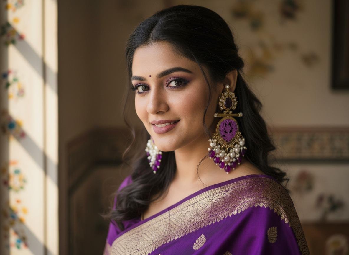 Royal Purple & Pearl Drop Statement Earrings