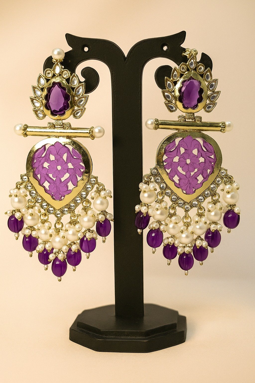 Royal Purple & Pearl Drop Statement Earrings - Image 2