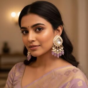 Pastel Lavender Beaded Kundan Stud Earrings with Pearl Drops