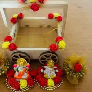 Handmade Wooden Cart with Ganesh-Lakshmi Idols & Decorative Flowers