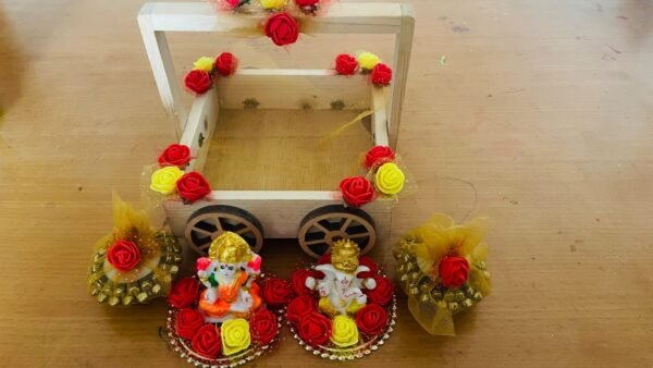 Handmade Wooden Cart with Ganesh-Lakshmi Idols & Decorative Flowers