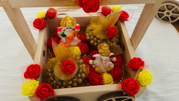 Handmade Wooden Cart with Ganesh-Lakshmi Idols & Decorative Flowers - Image 2
