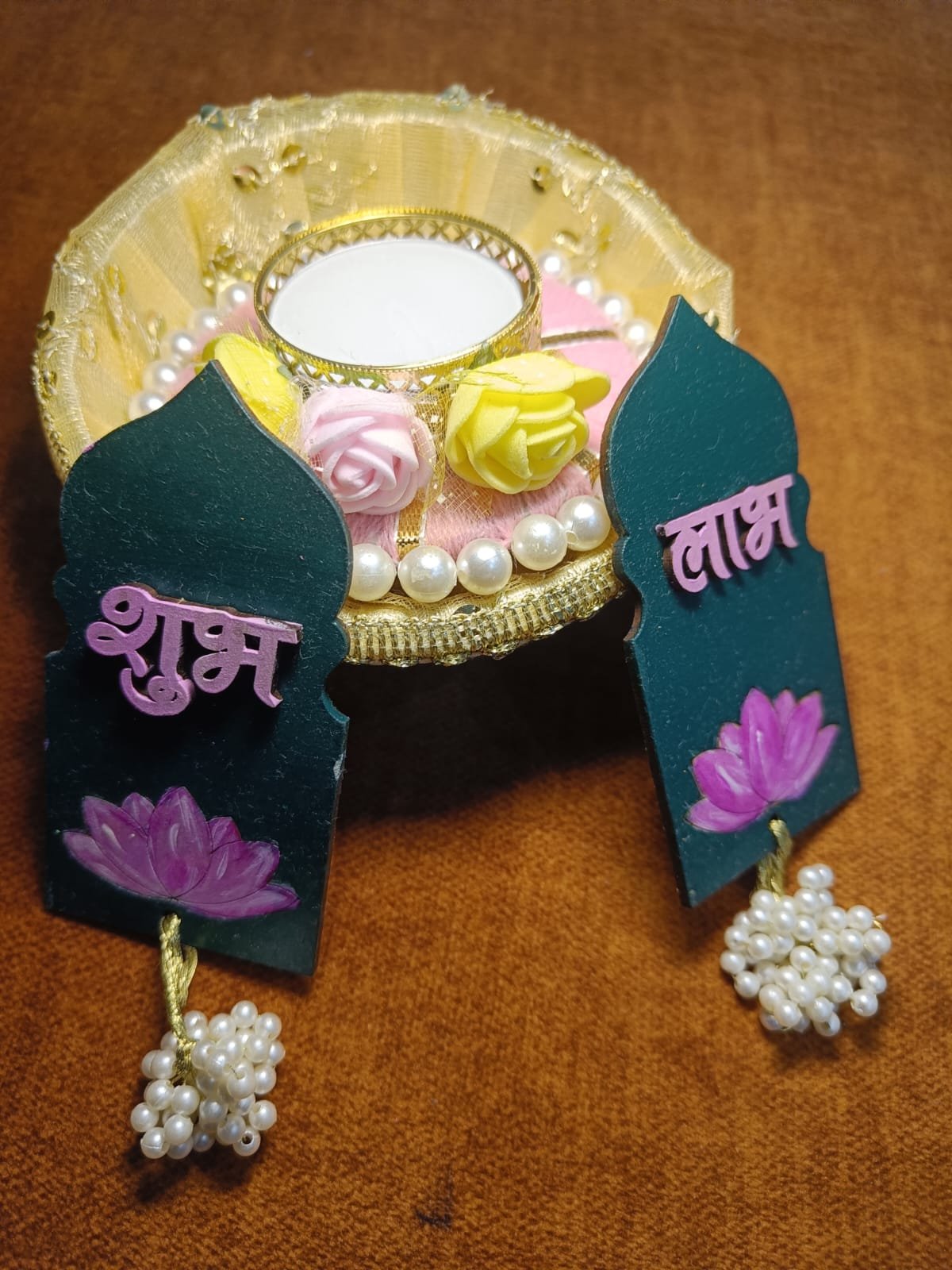 Shub Labh MDF Hand Painted With Hanging pearls with One diya | small Golden Basket ( Best Return Gift For Diwali And Pooja) me - Image 2