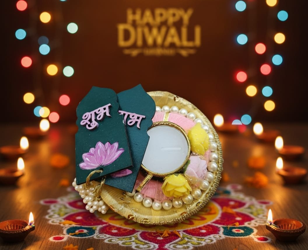 Shub Labh MDF Hand Painted With Hanging pearls with One diya | small Golden Basket ( Best Return Gift For Diwali And Pooja) me
