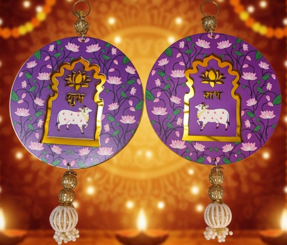 Shubh Labh With Lotus and Cow In Pink Color Round Shape For Diwali Decore With Big Round Golden Bolls |( Pink One Pair balls ,MDF) - Image 2
