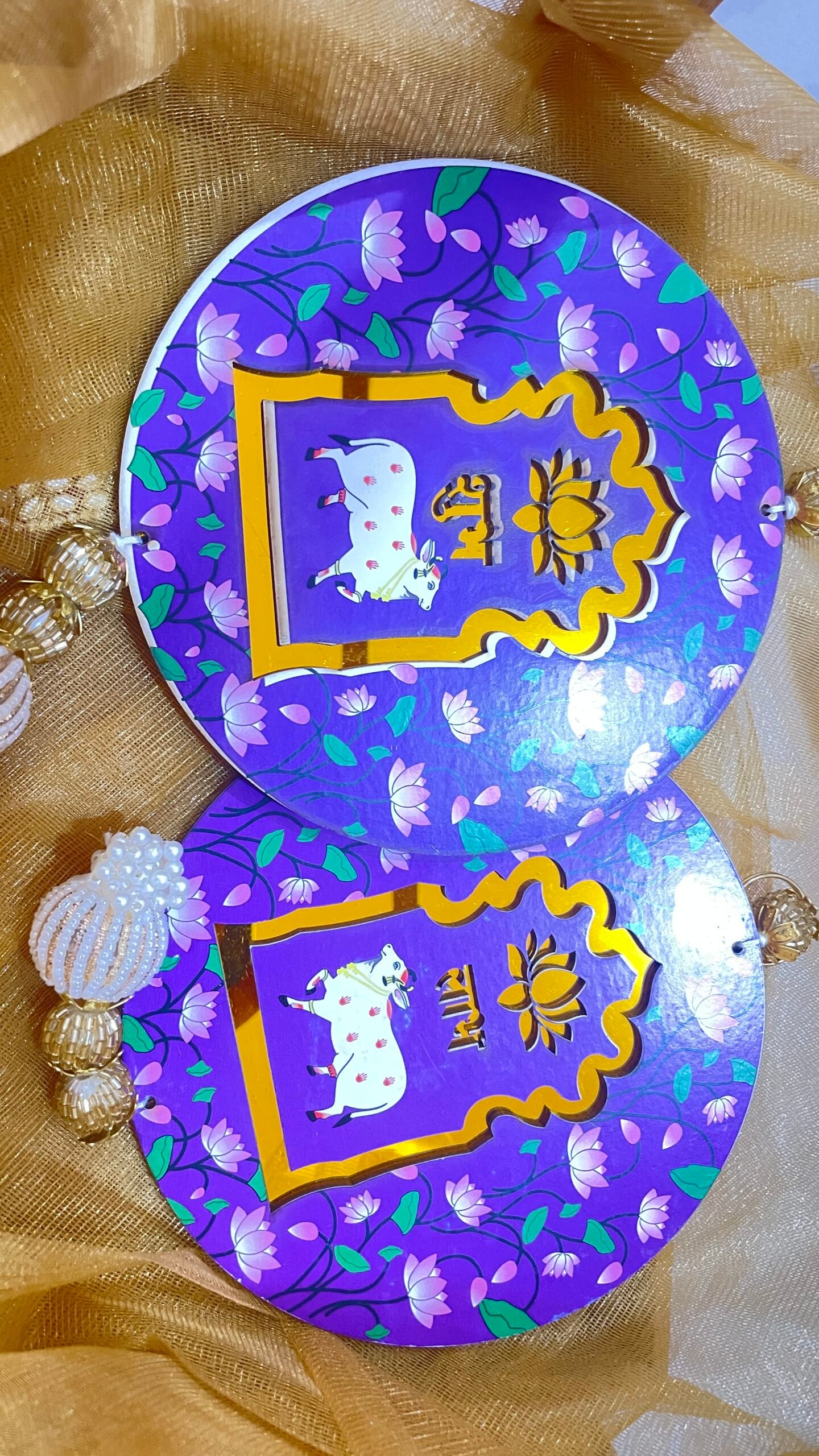 Shubh Labh With Lotus and Cow In Pink Color Round Shape For Diwali Decore With Big Round Golden Bolls |( Pink One Pair balls ,MDF) - Image 3