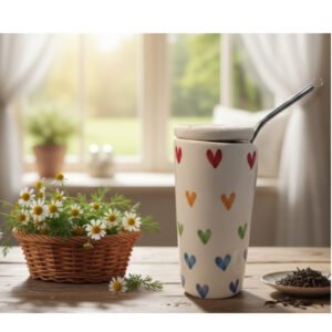 Hand-Painted Heart Pattern Ceramic Tumbler with Lid, Steel Straw & Cleaner