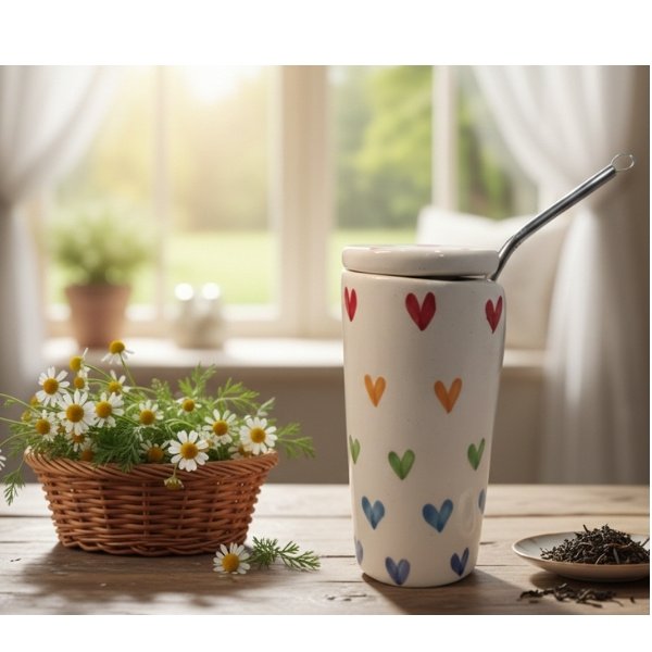 Hand-Painted Heart Pattern Ceramic Tumbler with Lid, Steel Straw & Cleaner