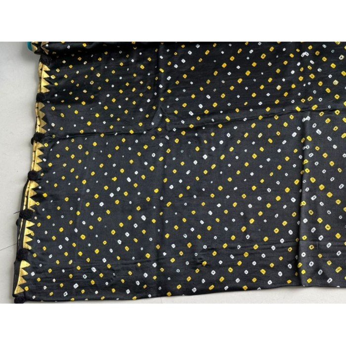 Hand-Painted Radha Krishna Art Silk Saree | Stone Work | Teal Blue with Golden Border - Image 4