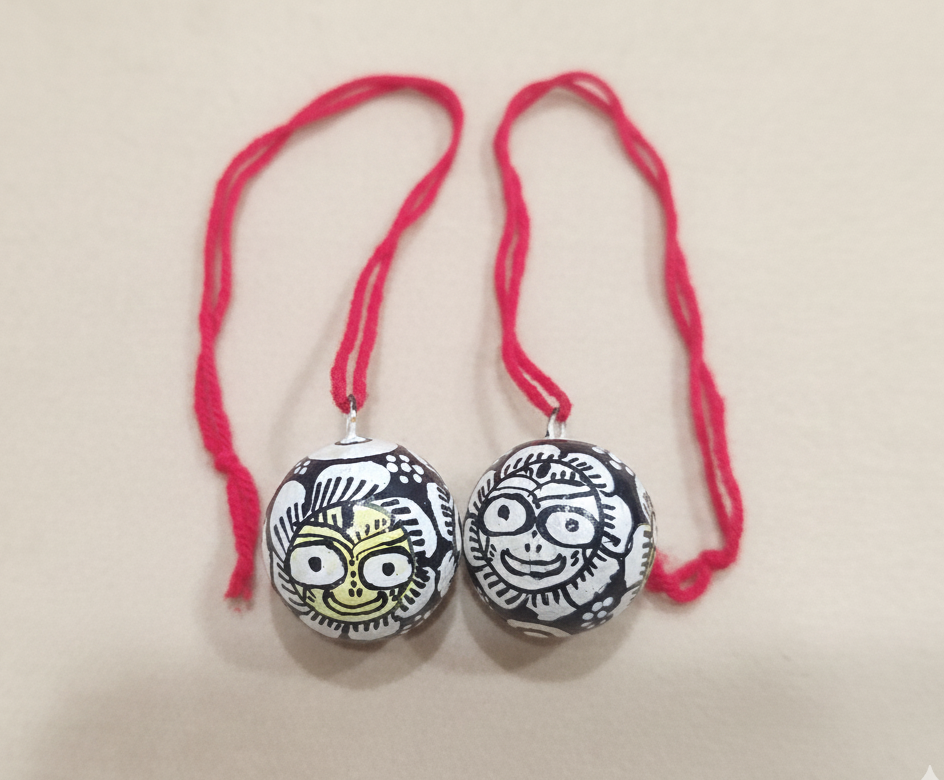 Handmade & Hand-Painted Pattachitra Painting on Betel Nut Set (Black & White Folk Art) | Jagannath Balabhadra | Devi Subhadra Art on Betel nut for Hanging Decoration | Traditional Decorative Charm - Image 3