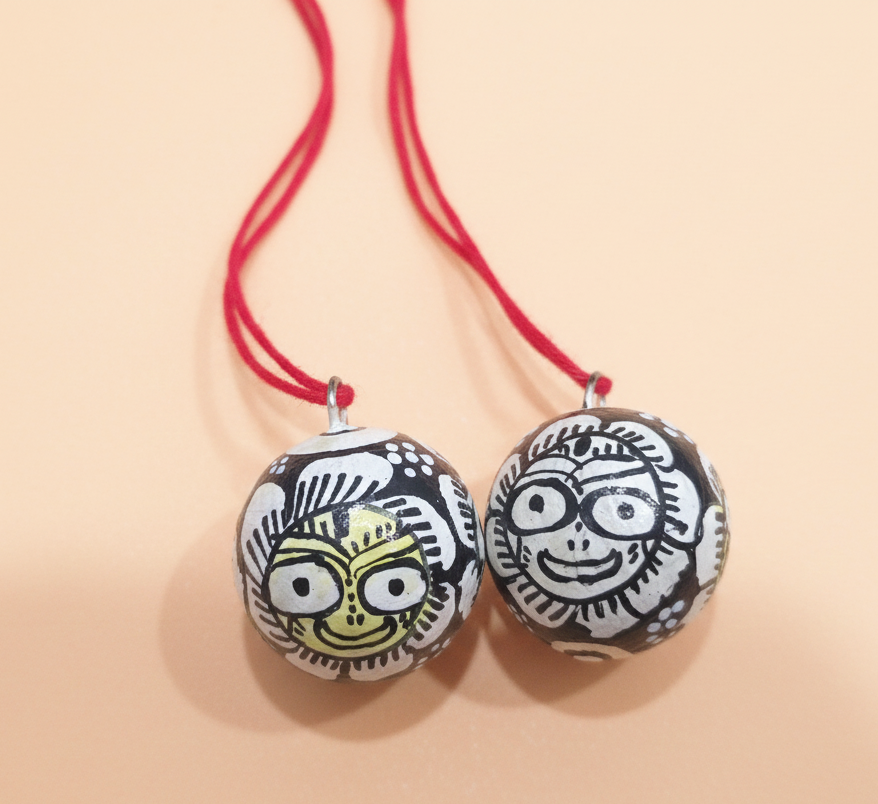 Handmade & Hand-Painted Pattachitra Painting on Betel Nut Set (Black & White Folk Art) | Jagannath Balabhadra | Devi Subhadra Art on Betel nut for Hanging Decoration | Traditional Decorative Charm - Image 2