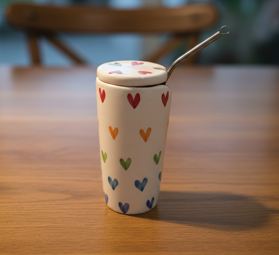 Hand-Painted Heart Pattern Ceramic Tumbler with Lid, Steel Straw & Cleaner - Image 2
