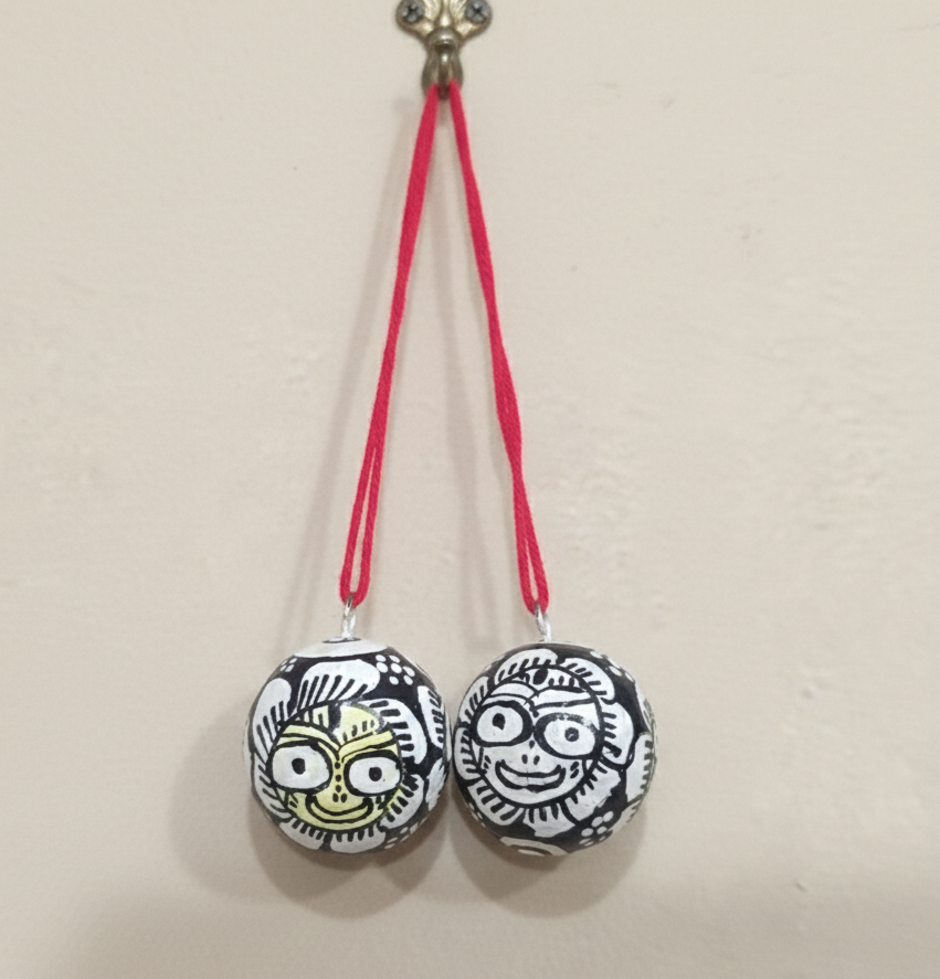 Handmade & Hand-Painted Pattachitra Painting on Betel Nut Set (Black & White Folk Art) | Jagannath Balabhadra | Devi Subhadra Art on Betel nut for Hanging Decoration | Traditional Decorative Charm