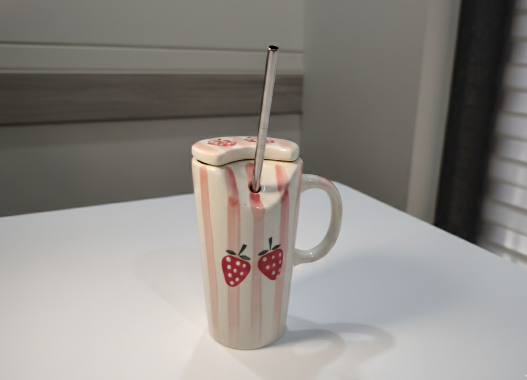 Handcrafted Ceramic Mug with Lid & Straw | Strawberry Design - Image 3