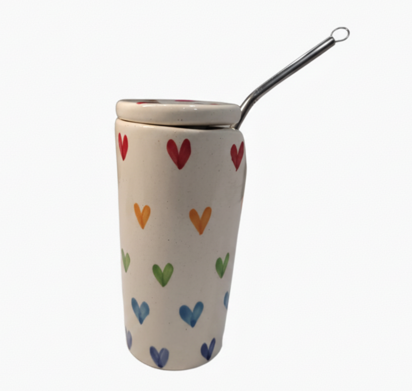 Hand-Painted Heart Pattern Ceramic Tumbler with Lid, Steel Straw & Cleaner - Image 3