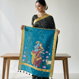 Hand-Painted Radha Krishna Art Silk Saree | Stone Work | Teal Blue with Golden Border