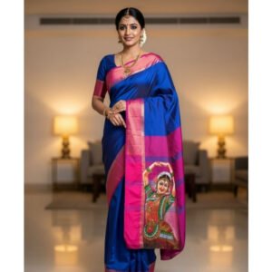 Hand-Painted Traditional Bharatanatyam Art Silk Saree – Royal Blue & Magenta