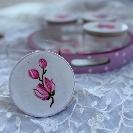 Artisan Hand-Painted Floral Wooden Platter with Coasters - Image 2