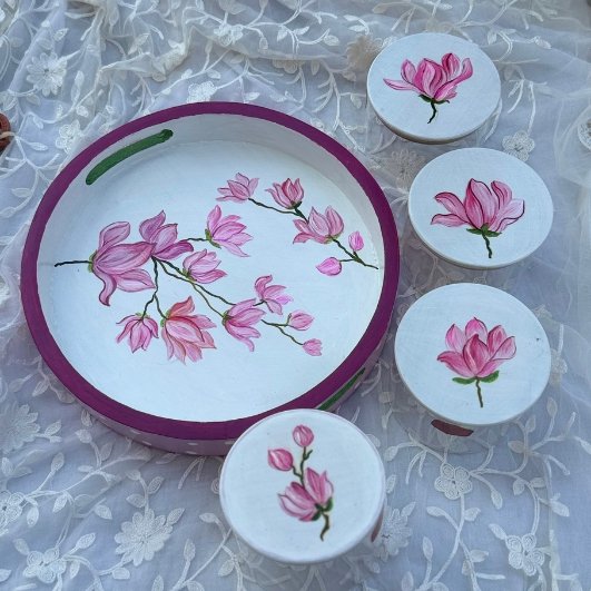 Artisan Hand-Painted Floral Wooden Platter with Coasters - Image 3