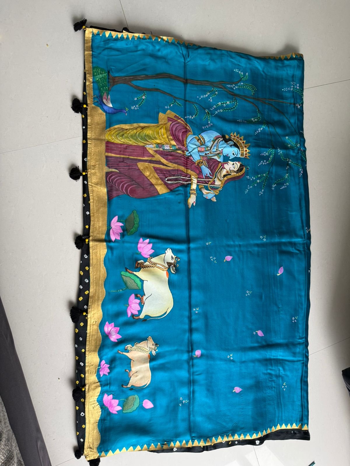 Hand-Painted Radha Krishna Art Silk Saree | Stone Work | Teal Blue with Golden Border - Image 3