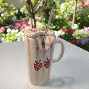 Handcrafted Ceramic Mug with Lid & Straw | Strawberry Design