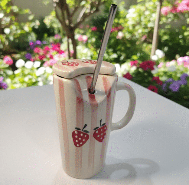 Handcrafted Ceramic Mug with Lid & Straw | Strawberry Design
