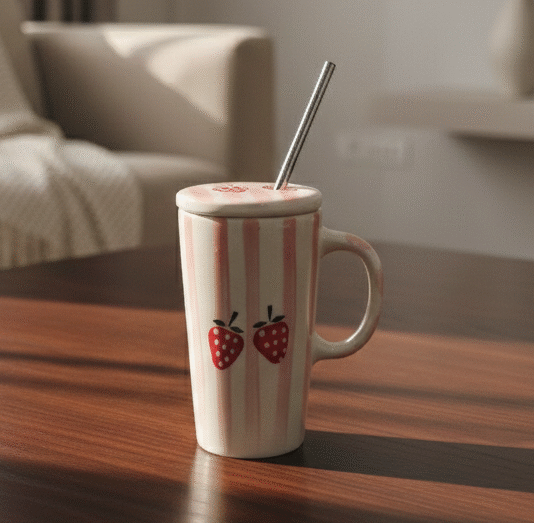 Handcrafted Ceramic Mug with Lid & Straw | Strawberry Design - Image 2