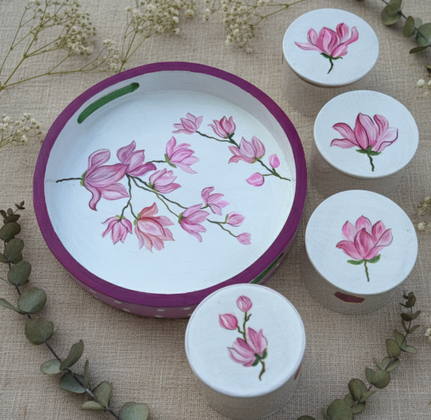 Artisan Hand-Painted Floral Wooden Platter with Coasters