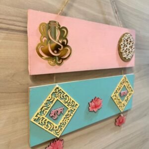 Crafted Wooden Shubh Labh Door Hanging with Ganesha Motif & Lotus Embellishments