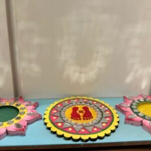 Artisanal Painted Tealight Stand Trio with Lakshmi Paduka Design