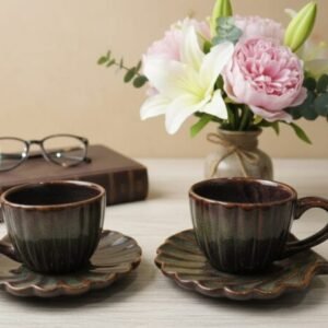 Handcrafted Ceramic Tea Cup with Leaf-Shaped Saucer | Handmade Stoneware Coffee Cup Set
