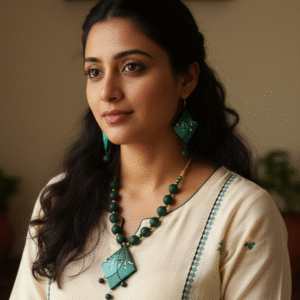 Hand-Painted Emerald Green Teracota Wooden Jewelry Set | Artisan Necklace & Earrings | Eco-Friendly Ethnic Jewelry